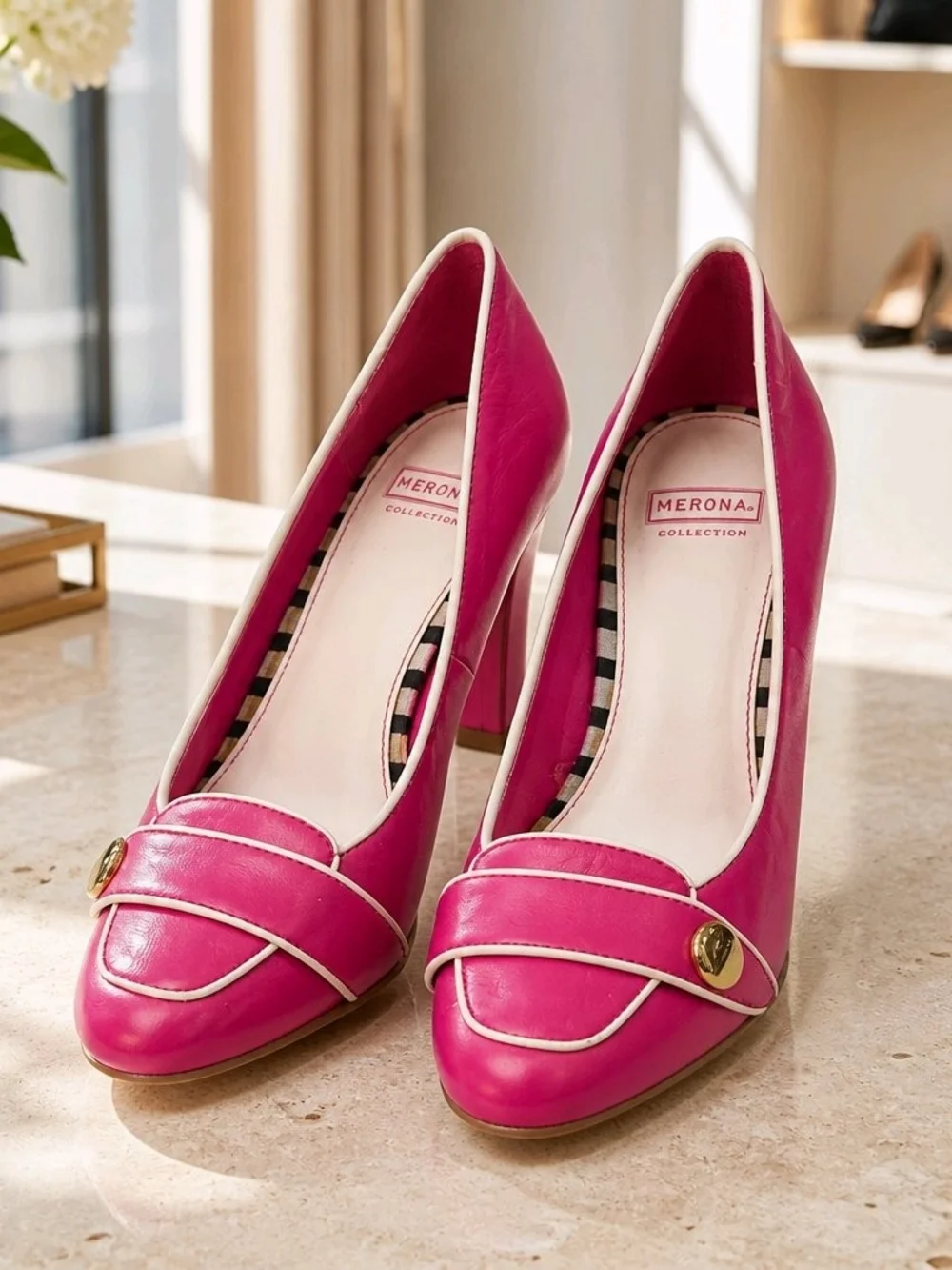 Merona Hot Pink Block Heel Pumps with Gold Button Detail #715